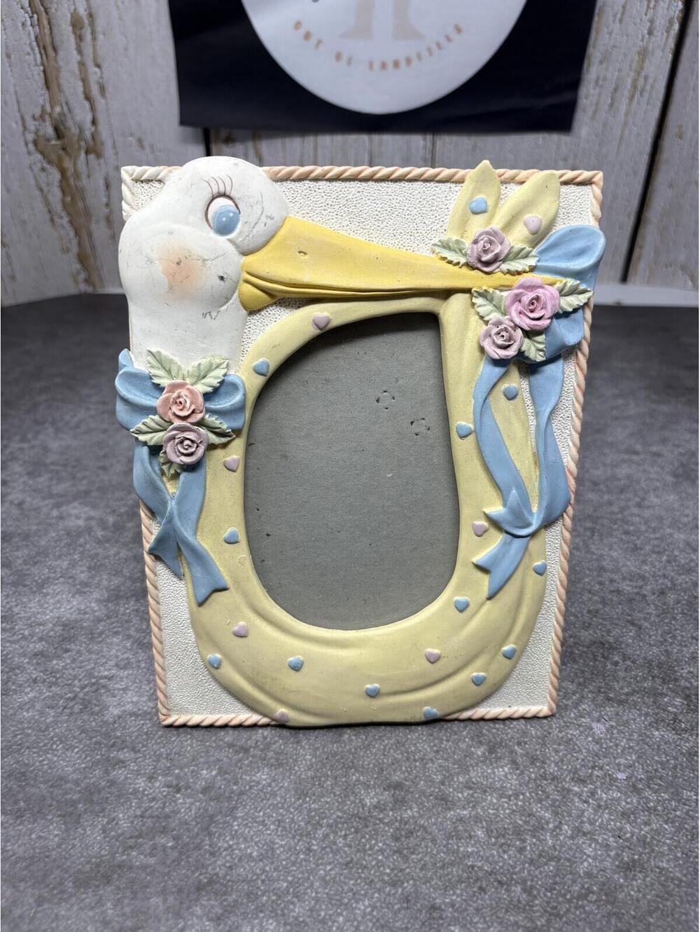 Vintage 90s Stork Baby Nursery Picture Frame Pastel Resin Shower Gift 4x6 Oval